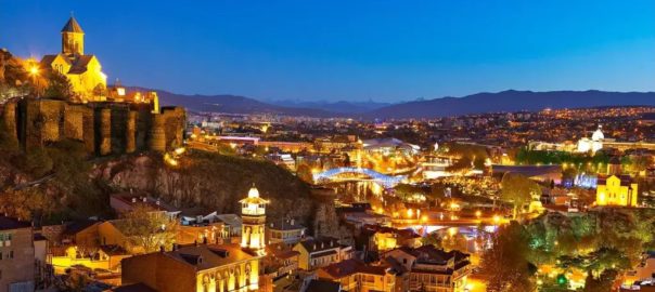 Tbilisi city lights at sunset